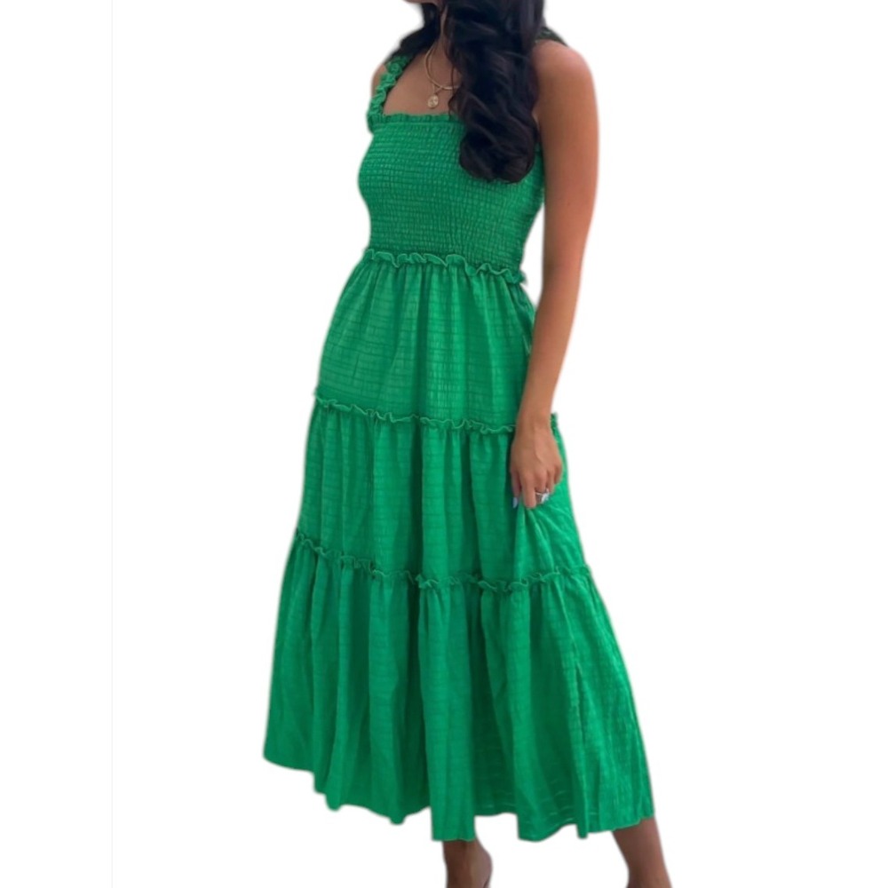Fanco‎ Green Maxi Dress Green Smocked Tiered Small Sleeveless Ruffle Summer